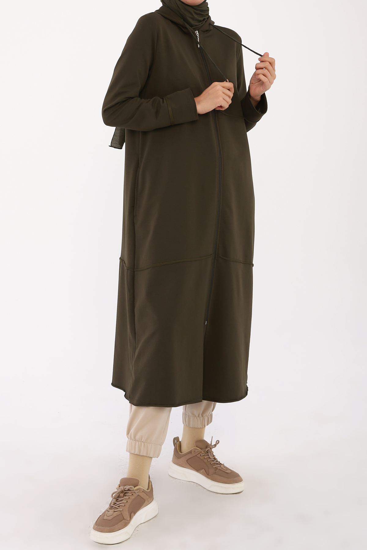 Women's Hooded Zipper Dark Khaki Cardigan