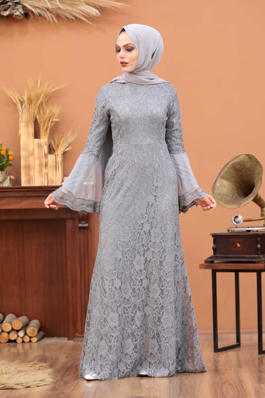 Women's Grey Lace Modest Evening Dress