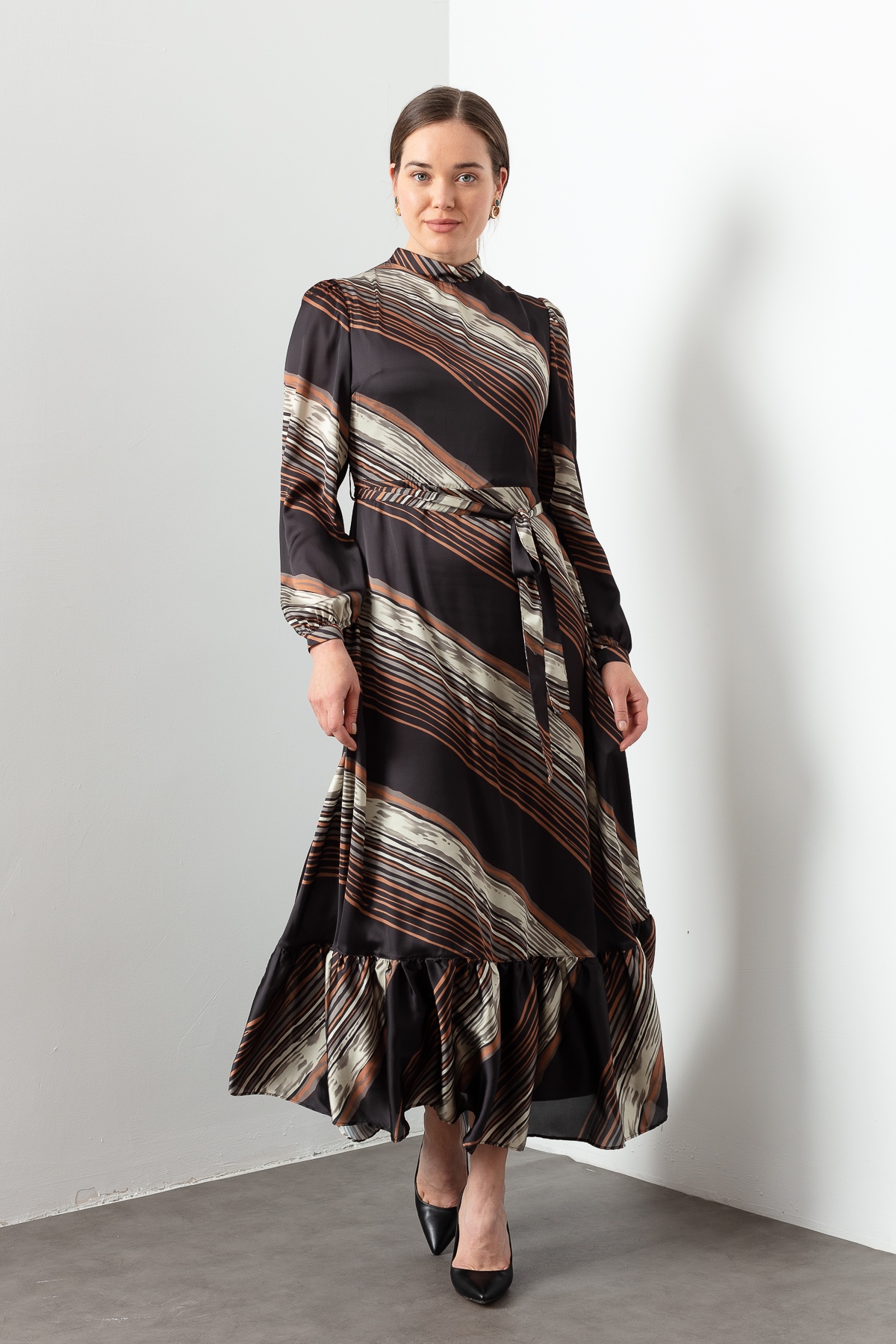 Women's Stand-up Collar Striped Long Dress