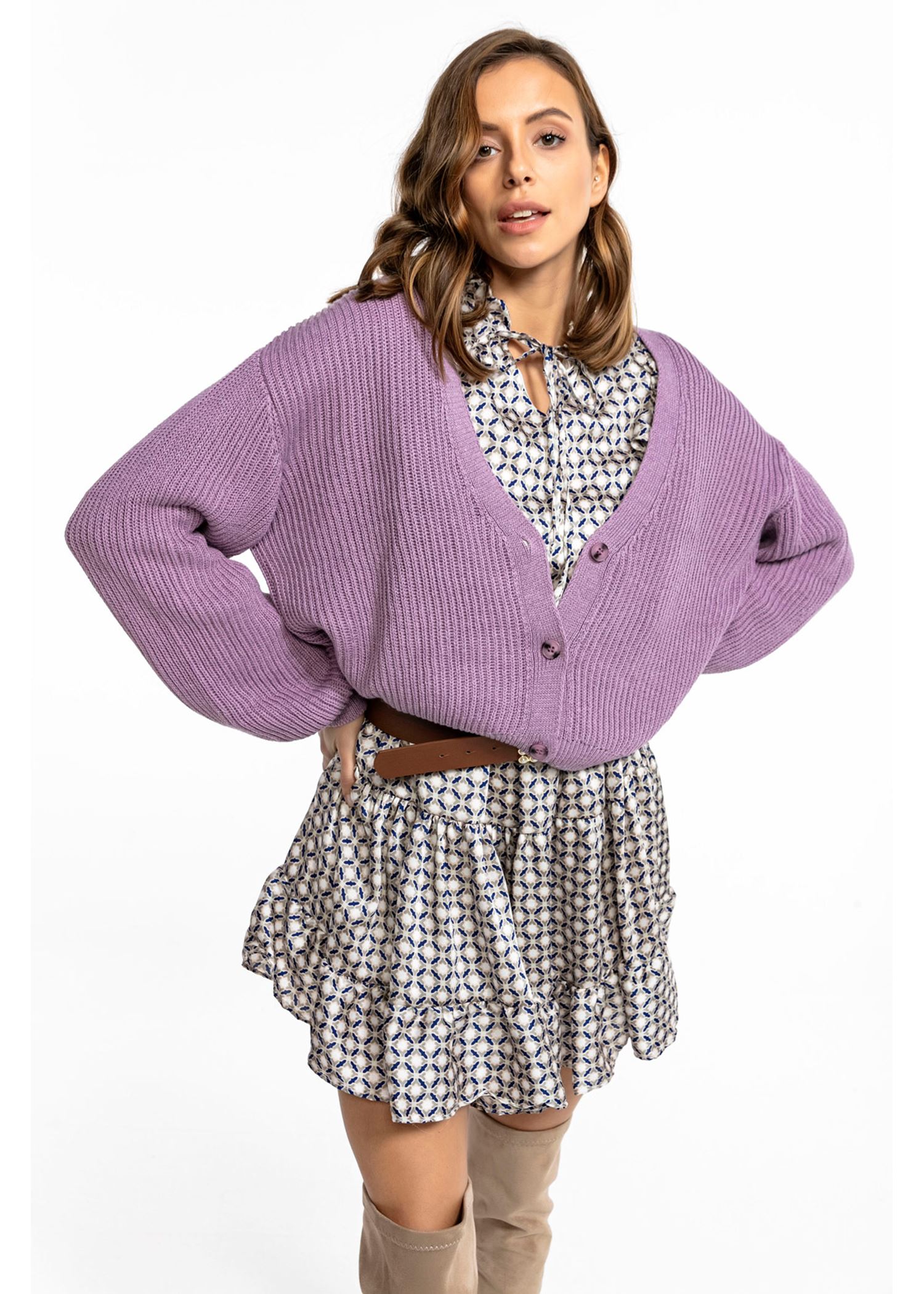 Women's V Neck Button Lilac Tricot Cardigan