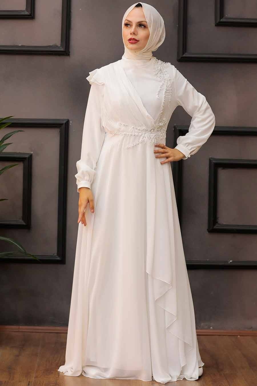 Women's Bead Embroidered Ecru Modest Evening Dress