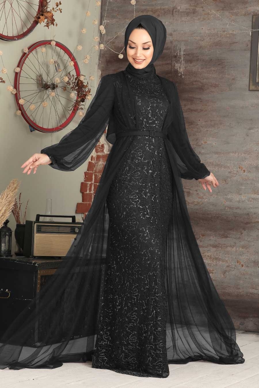 فستان سهرة محتشم أسود بترتر نسائي