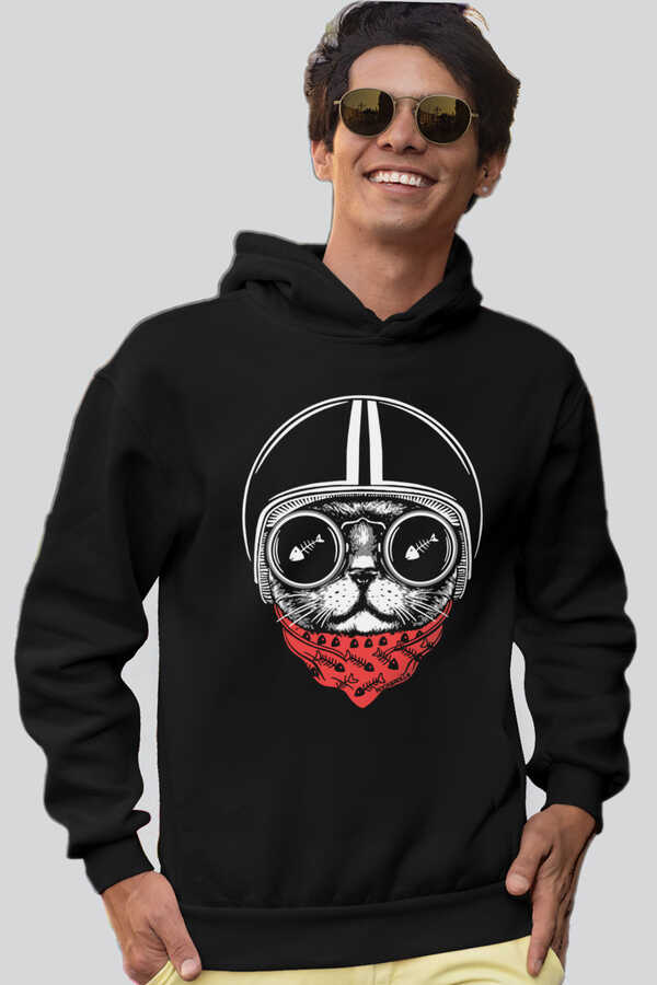 Kasklı Kedi Siyah Kapüşonlu Kalın Erkek Sweatshirt